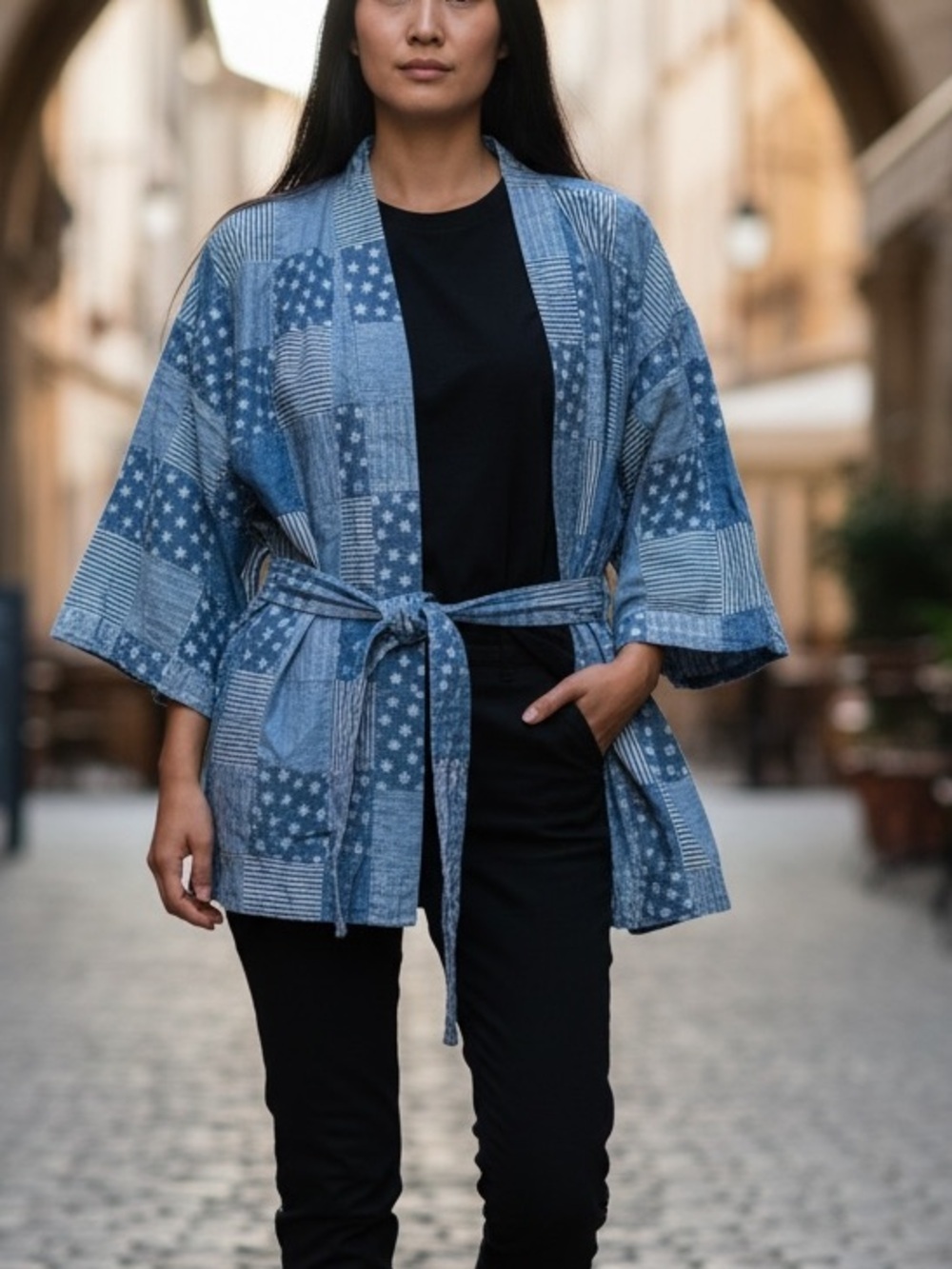 Lucky Brand Blue Cotton Patchwork Belted Kimono Jacket Size Medium/Large